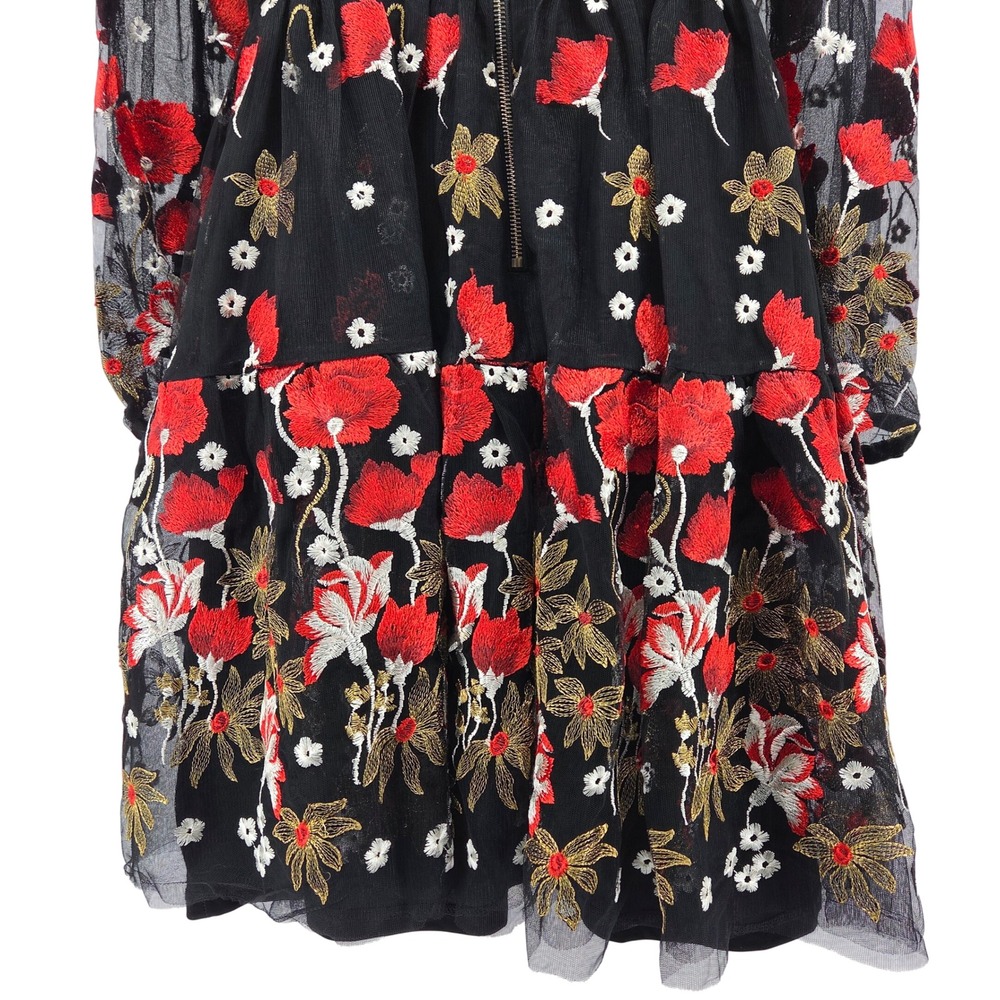 Bronx & Banco Mini Dress M Black Red Floral Embroidered Mesh Whimsigoth Cocktail - Picture 16 of 16